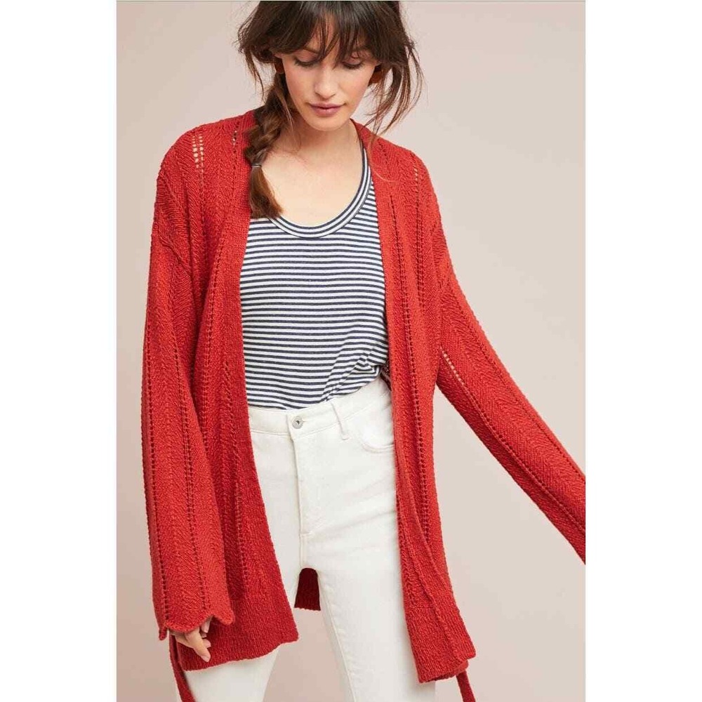ANTHROPOLOGIE MEADOW RUE Pricilla Pointelle Cardigan XS Red Orange Belted Knit